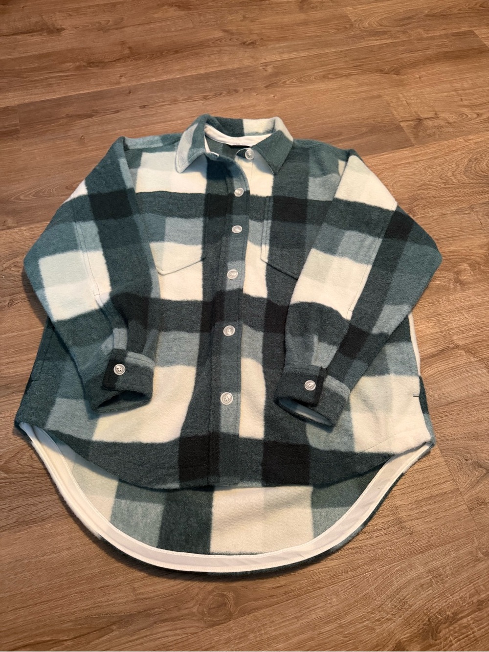 DSG Teal, Black & White Plaid Button-Front Shacket